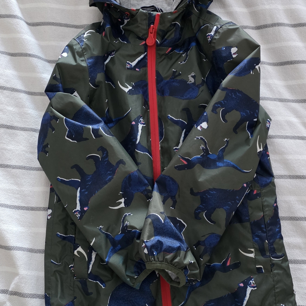 Joules Dinosaur Print Rain Jacket with Red Zipper